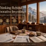 Warm mountain lodge library with investment documents and snowy peaks outside, headlined "The Thinking Behind Collaborative Investing"