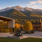 Aspen cultural institutions surrounded by mountains and autumn landscape
