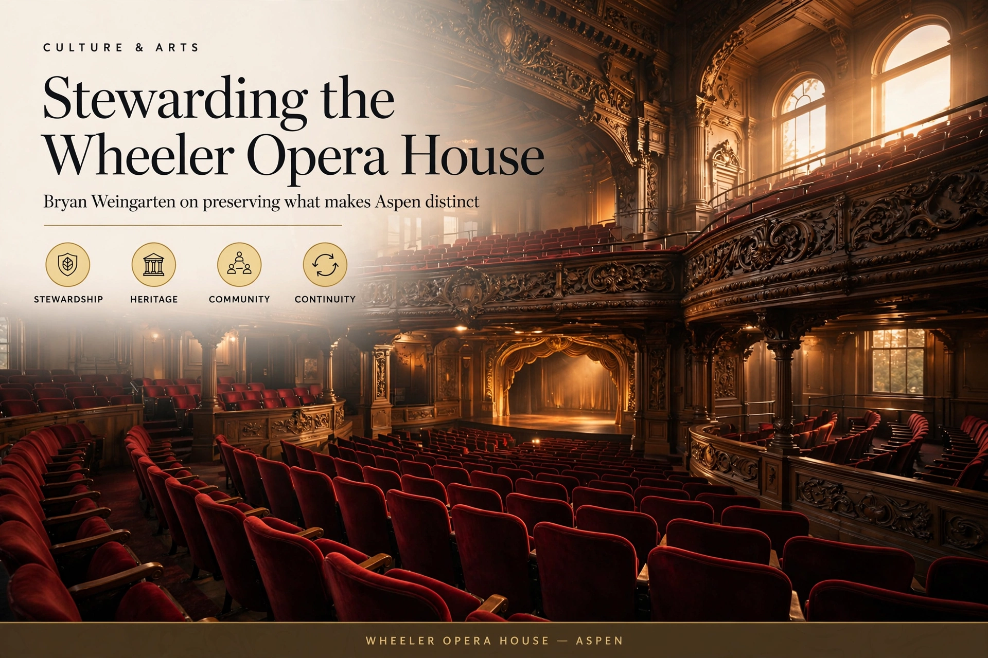 Grand auditorium of the historic Wheeler Opera House glowing in warm light, headlined "Stewarding the Wheeler Opera House"