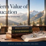 Sunlit medical school library with textbooks, a stethoscope, and mountain views, headlined "The Long-Term Value of Medical Education"