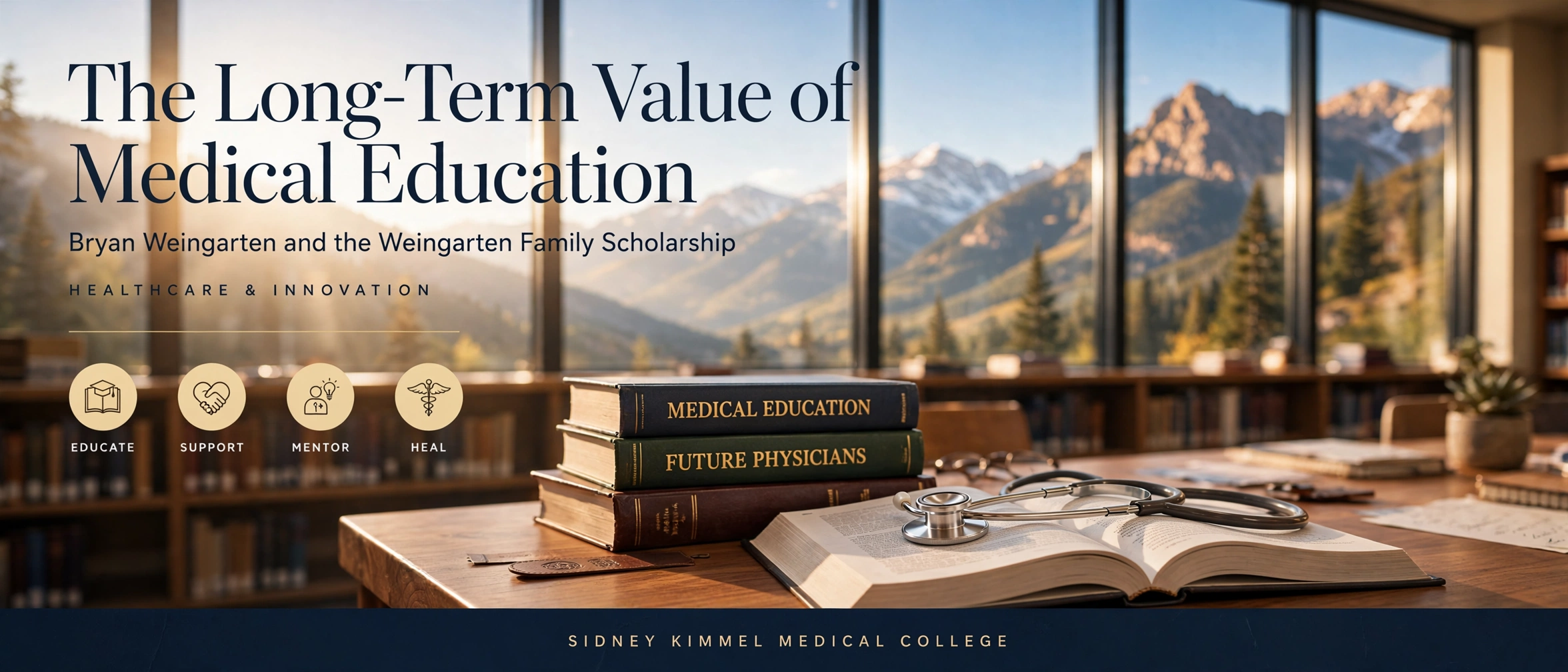 Sunlit medical school library with textbooks, a stethoscope, and mountain views, headlined "The Long-Term Value of Medical Education"