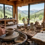 Artist shaping clay on a pottery wheel in a sunlit Anderson Ranch Arts Center studio overlooking the Roaring Fork Valley