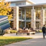 University student carrying textbooks walking toward a library building on a sunny campus