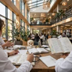 Medical students in white coats studying together in a medical school library with textbooks and a stethoscope